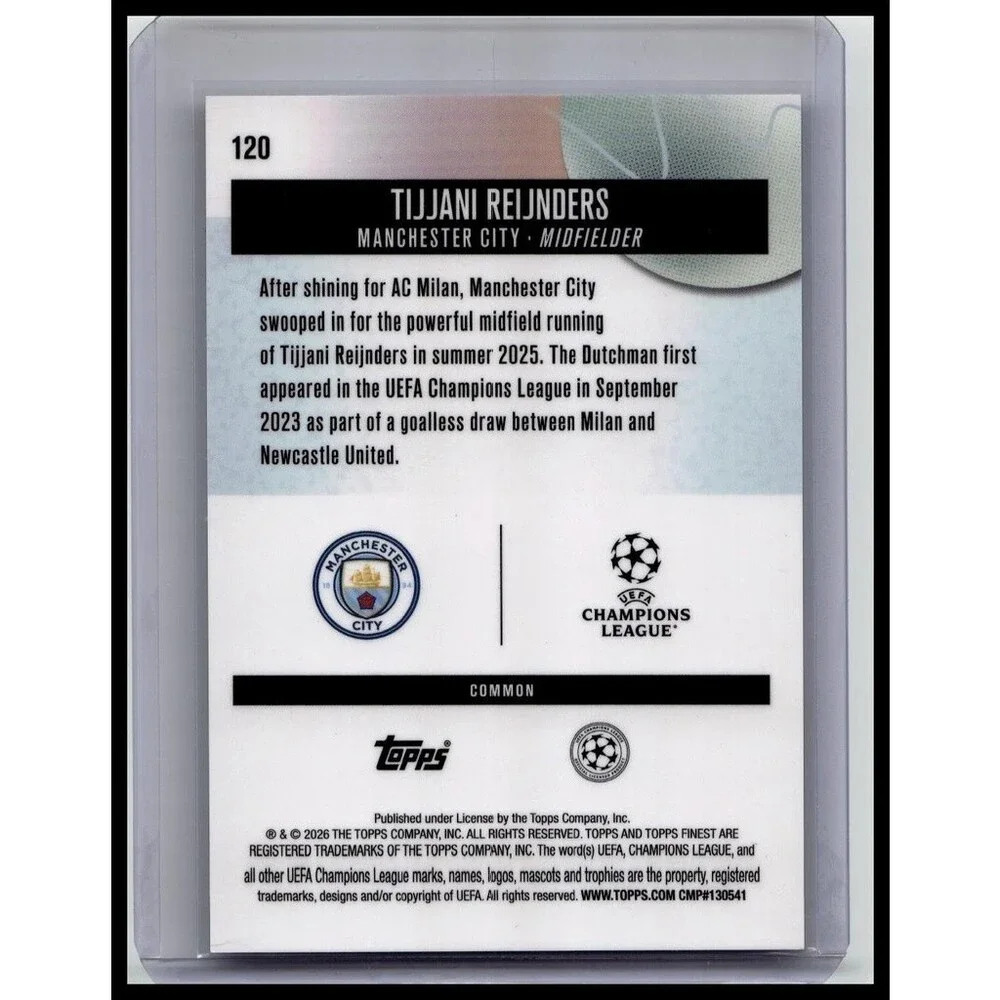 2026 Topps Finest UEFA #120 Tijjani Reijnders Manchester Blue Refractor/200
